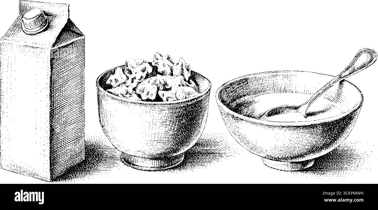 Das Frühstück ist mit Milchkarton, Keksen und Müslischüssel für die Einrichtung in der Küche ausgestattet. Stock Vektor