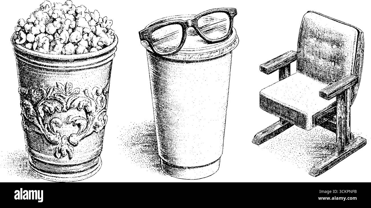Kinoerlebnis mit Popcorn, Limonade und 3D-Brille für Filmnächtekonzept. Stock Vektor
