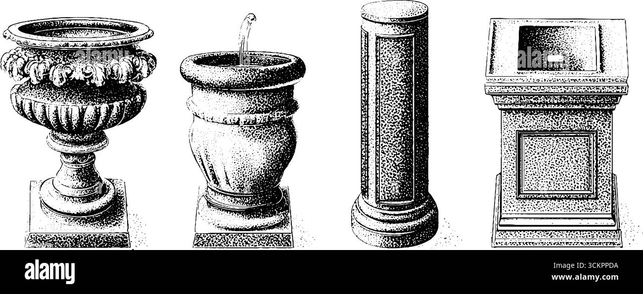 Elegante Garteneinrichtung mit Pflanzsäule und Wasserbecken mit Sitzmöbeln. Stock Vektor Elegante Garteneinrichtung mit Pflanzsäule und Wasserbecken mit Sitzmöbeln. Stock Vektor