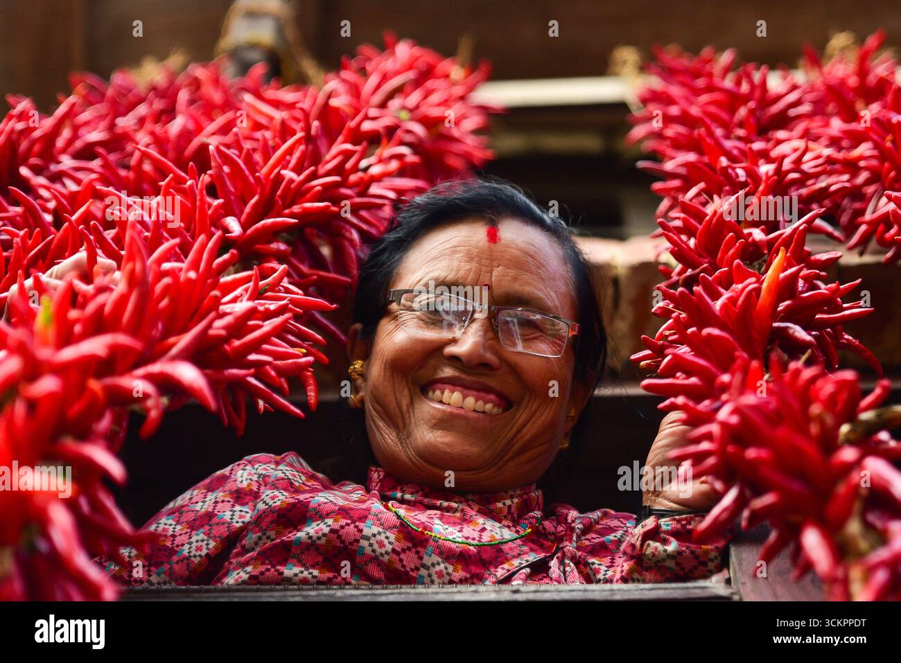 Eine nepalesische Frau schaut aus einem traditionellen Newari-Fenster, das mit roten Chilis bedeckt ist, die zum Trocknen aufgehängt sind, in Khokana in Lalitpur, Nepal. Foto: Safal Prakash Shrestha. Stockfoto