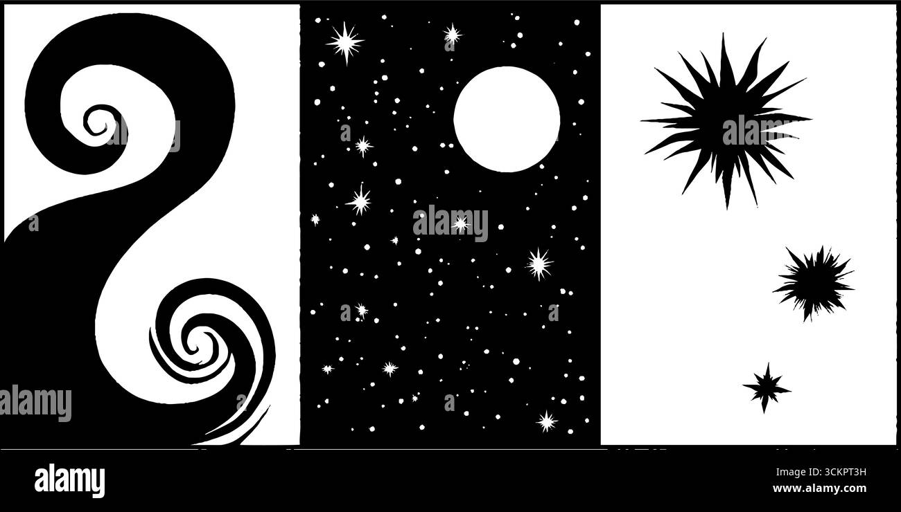 Kosmische Zusammenfassung: galaxienschwirbel, Himmelsstaub und Sternformen für künstlerisches Design. Stock Vektor