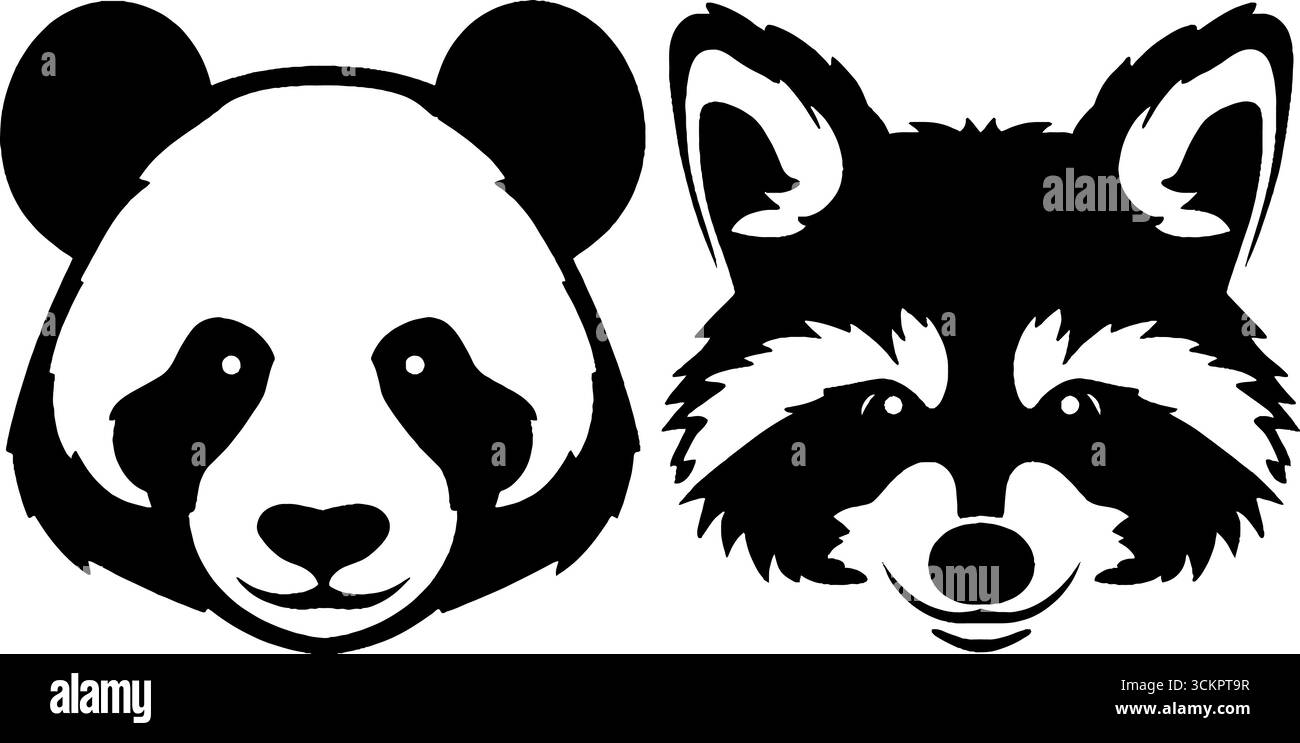 Schwarz-weiße Tierporträts mit Panda und Waschbär für Designprojekte. Stock Vektor