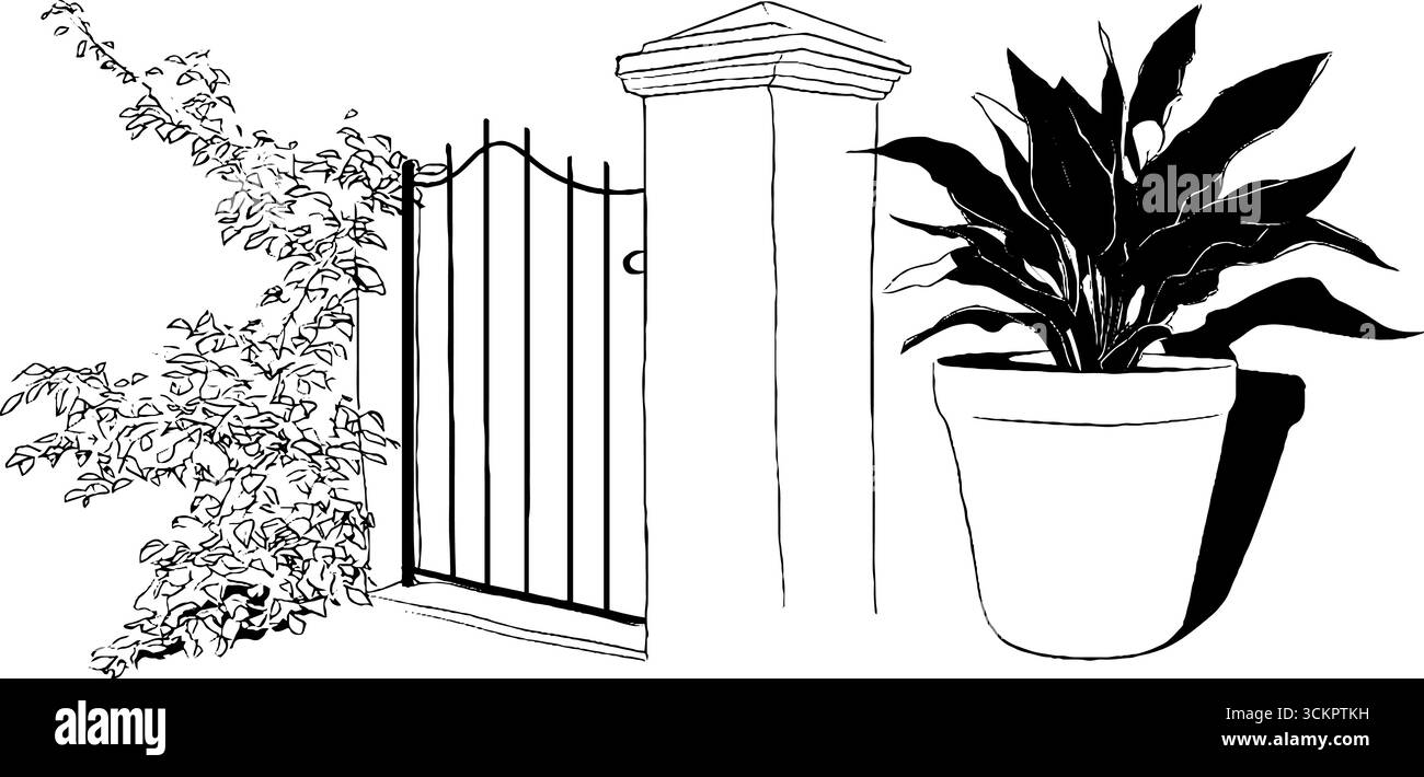 Garteneingangsdesign mit Absperrtor und Kunstillustration mit Topfpflanzen. Stock Vektor Garteneingangsdesign mit Absperrtor und Kunstillustration mit Topfpflanzen. Stock Vektor