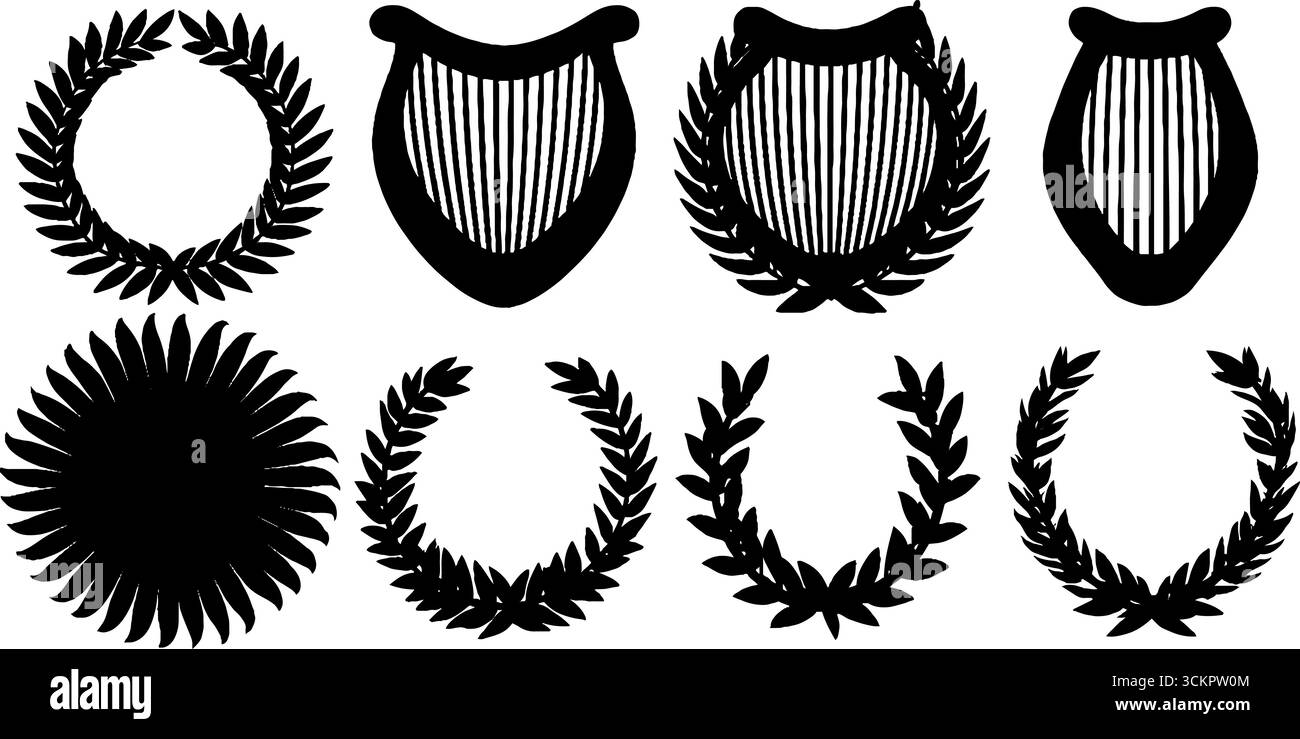 Apollo-Silhouette und Leierkette mit Sonnen- und Lorbeerelementen für künstlerische Einrichtung. Stock Vektor