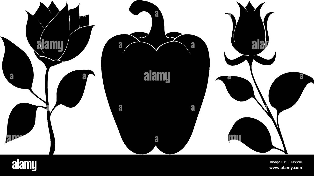 Silhouette Set aus Paprika und Blumen für Design und Dekoration. Stock Vektor
