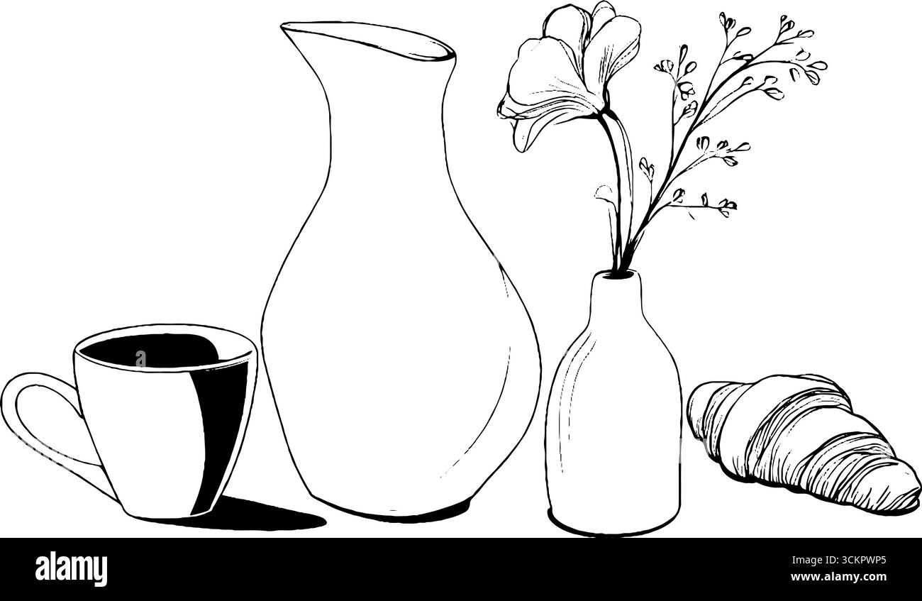 Minimalistisches Kaffee- und Frühstückstilleben mit Vase und Blumen für eine schicke Kücheneinrichtung. Stock Vektor
