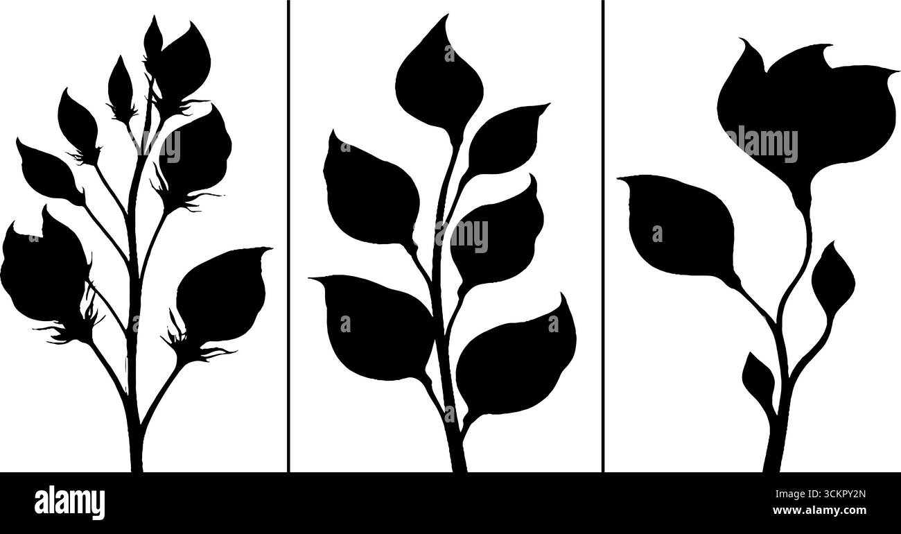 Botanisches Flachs-Silhouetten-Set mit Stiel, Samenkapsel und Blattwirbel für natürliches Design. Stock Vektor