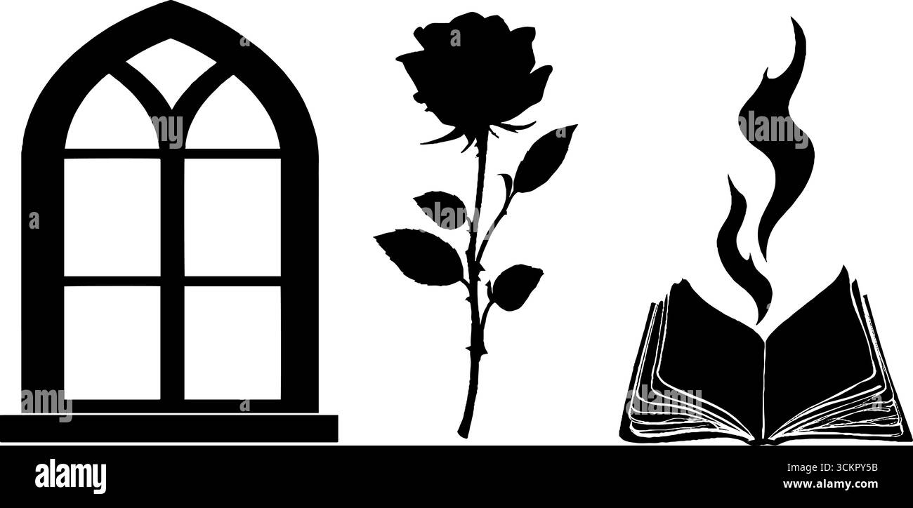 Gotischer Fensterrahmen, rätselhaftes Buch der Schatten und mystische Rosensilhouette für dunkles Fantasy-Design. Stock Vektor