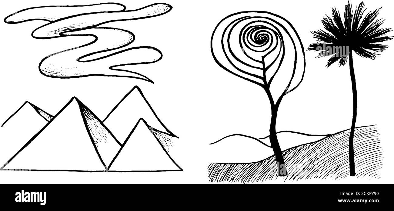 Strichkunst-Illustrationsset mit Sandsturmwirbeln und Wüstenlandschaften. Stock Vektor
