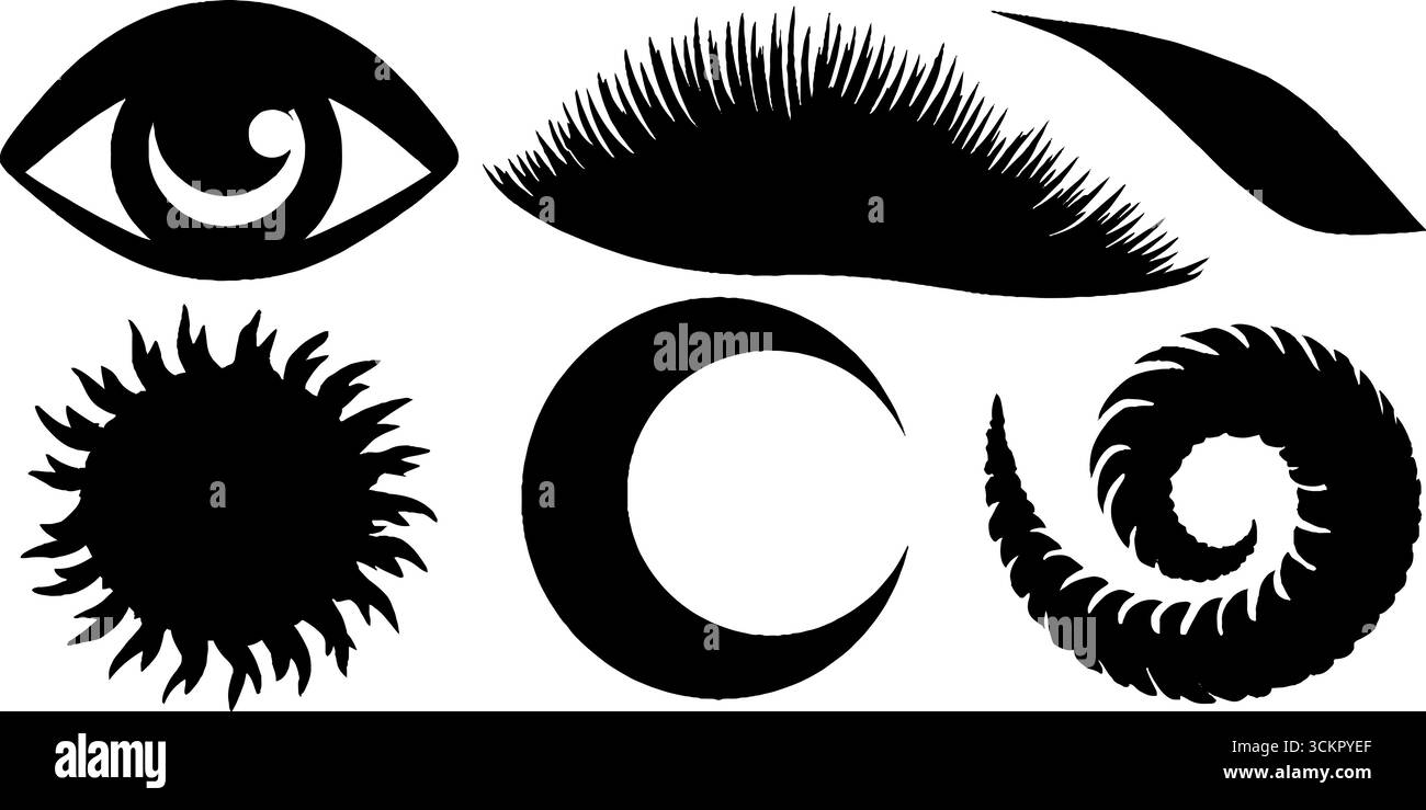 Abstrakte geometrische Symbole: Augen-, Spiralen-, Bogen- und Sternelemente für Design. Stock Vektor