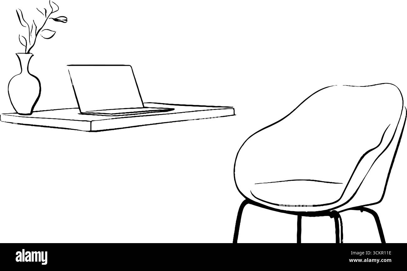 Minimalistischer Wandschreibtisch mit Laptop- und Stuhlzeichnung. Stock Vektor