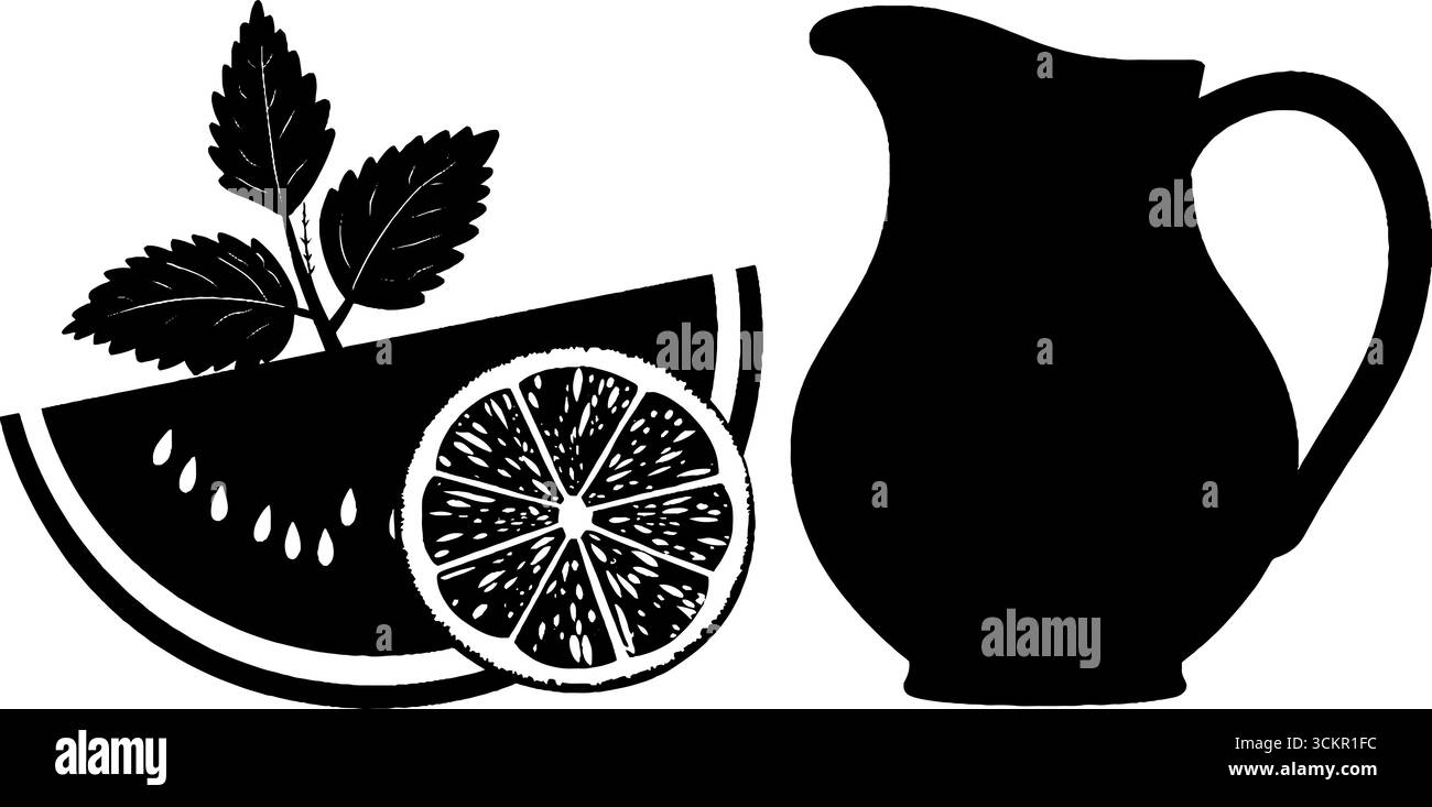 Erfrischende Sommergetränke mit Wassermelone, Zitrone und Minze für Getränke. Stock Vektor