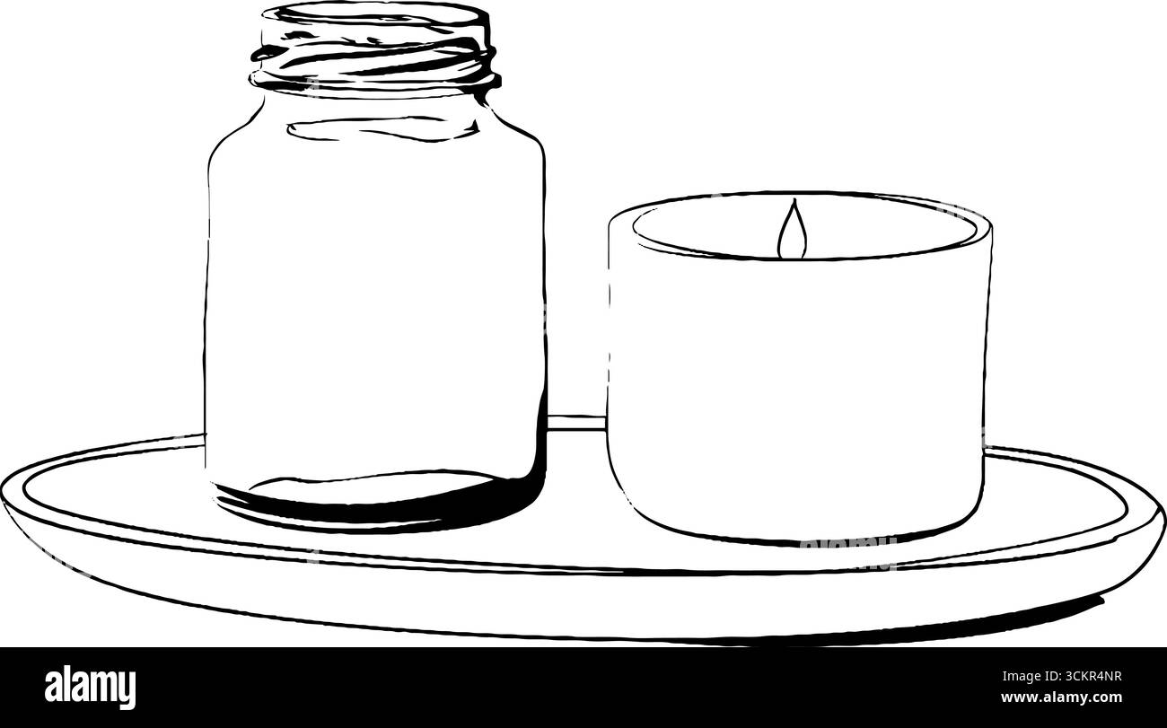 Minimalistischer Stil mit Badesalzglas und Kerze für Spa- und Entspannungsthemen. Stock Vektor