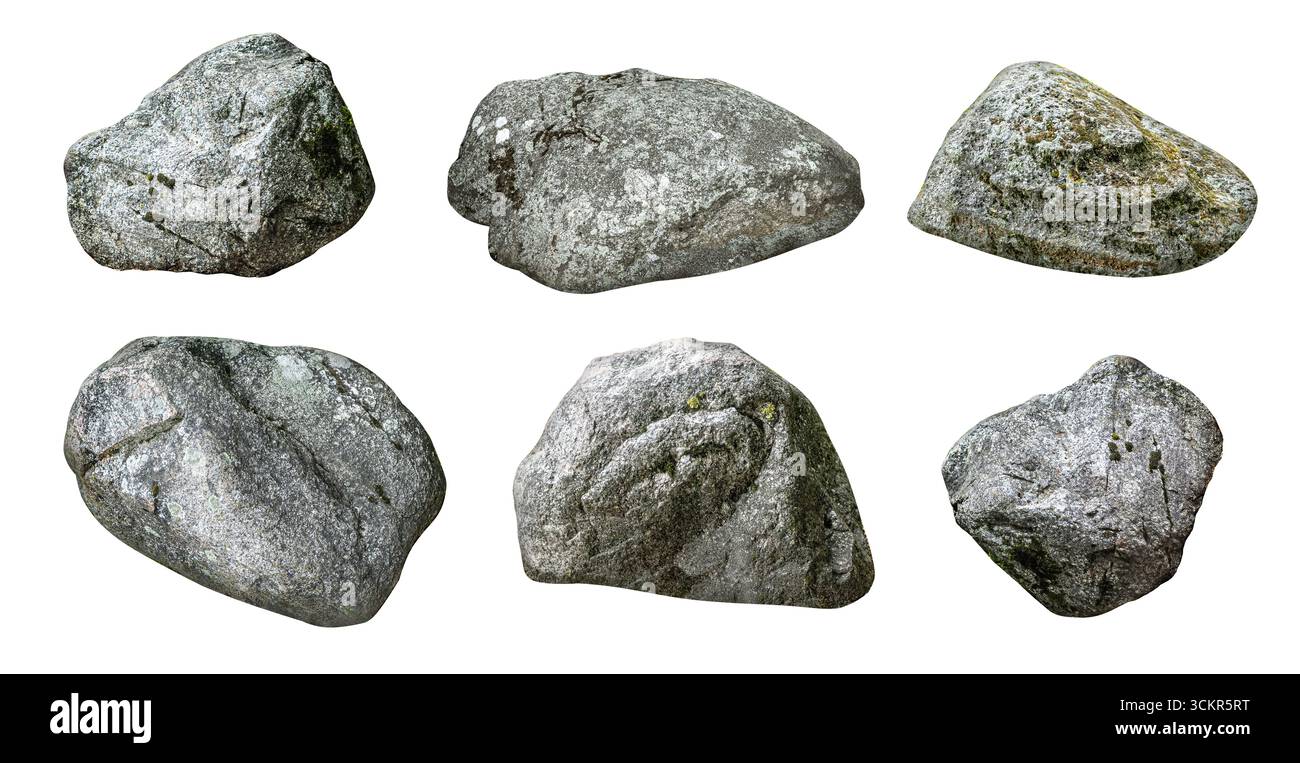 Sechs Granitgesteine auf transparentem Hintergrund, ideal für Kompositionsarbeiten und Fotomanipulationen Stockfoto