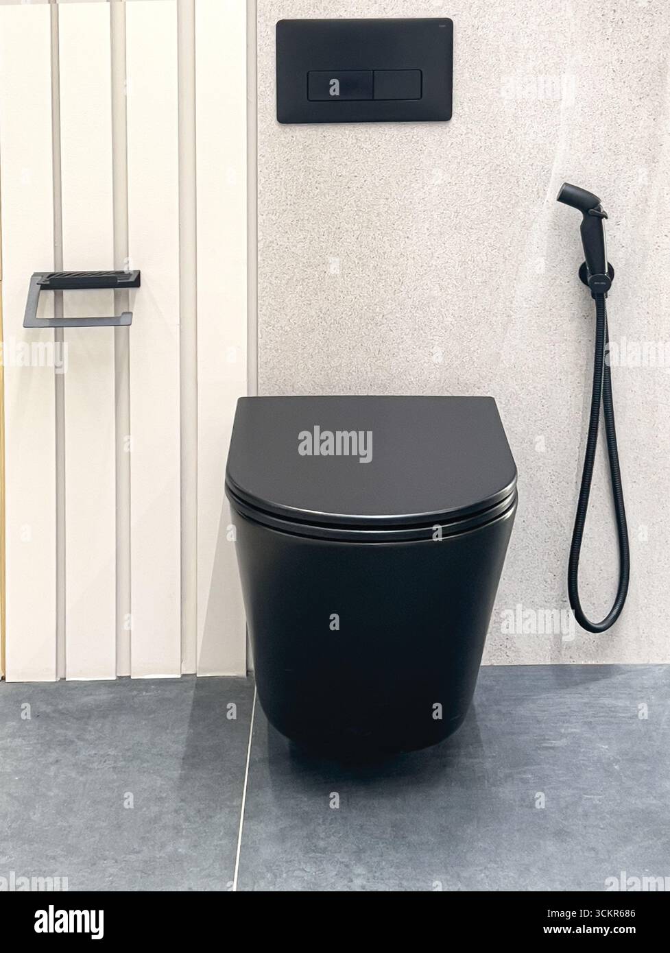 Stilvolle schwarze Toilette mit passendem Spültisch und Bidet-Dusche in einem modernen Badezimmer Stockfoto
