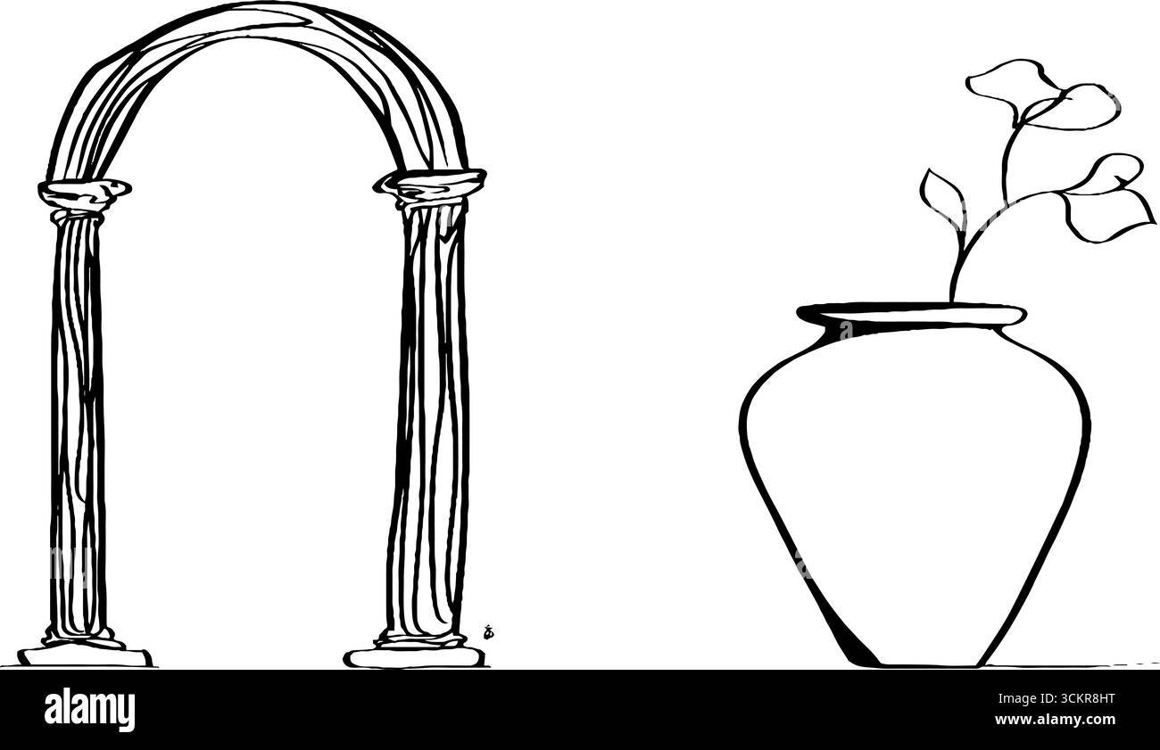 Klassischer römischer Bogen und dekorative Vasenlinie für Innenarchitektur und Dekoration. Stock Vektor