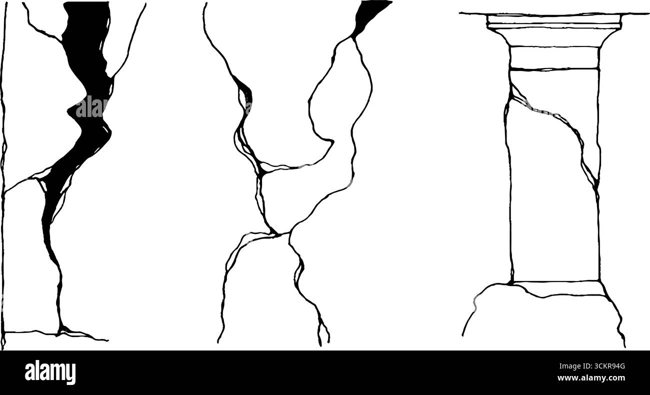 Abstrakte Stylenkunst-Illustrationen von strukturellen Lücken und tiefen Rissen in architektonischen Elementen. Stock Vektor