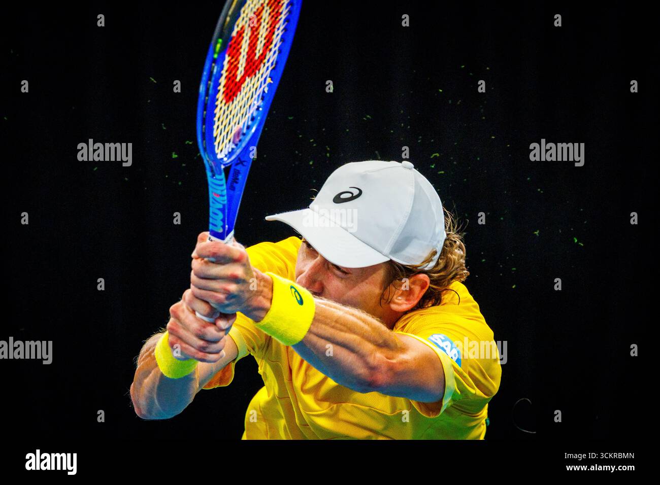 Sydney, Australien. September 2025. Der Australier Alex de Minaur stellte sich während eines Tennisspiels zwischen dem belgischen Collignon und dem australischen de Minaur in der Qualifikation zum Davis Cup am Samstag, den 13. September 2025, in Sydney, Australien vor. Belgien und Australien treten an diesem Wochenende in der zweiten Runde der Qualifikation zum Davis Cup an. BELGA FOTO PATRICK HAMILTON Credit: Belga News Agency/Alamy Live News Stockfoto