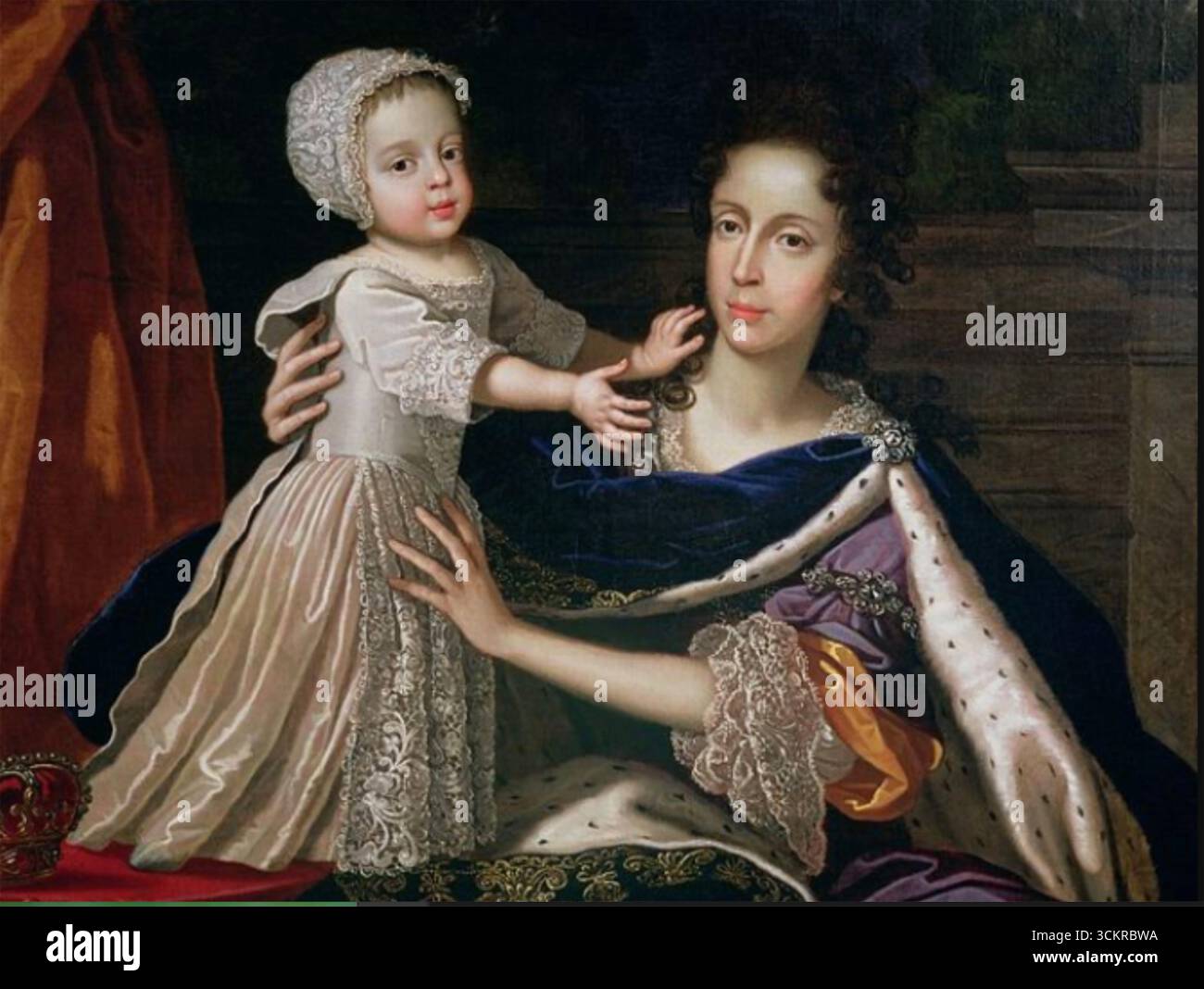 MARIA VON MODENA (1658–1718) Königin von England, Schottland und Irland als zweite Ehefrau von Jakob VII. Und II. Detail der Malerei zeigt sie mit ihrem Sohn James, Francis Edward von Benedetto Gennari dem Jüngeren Stockfoto