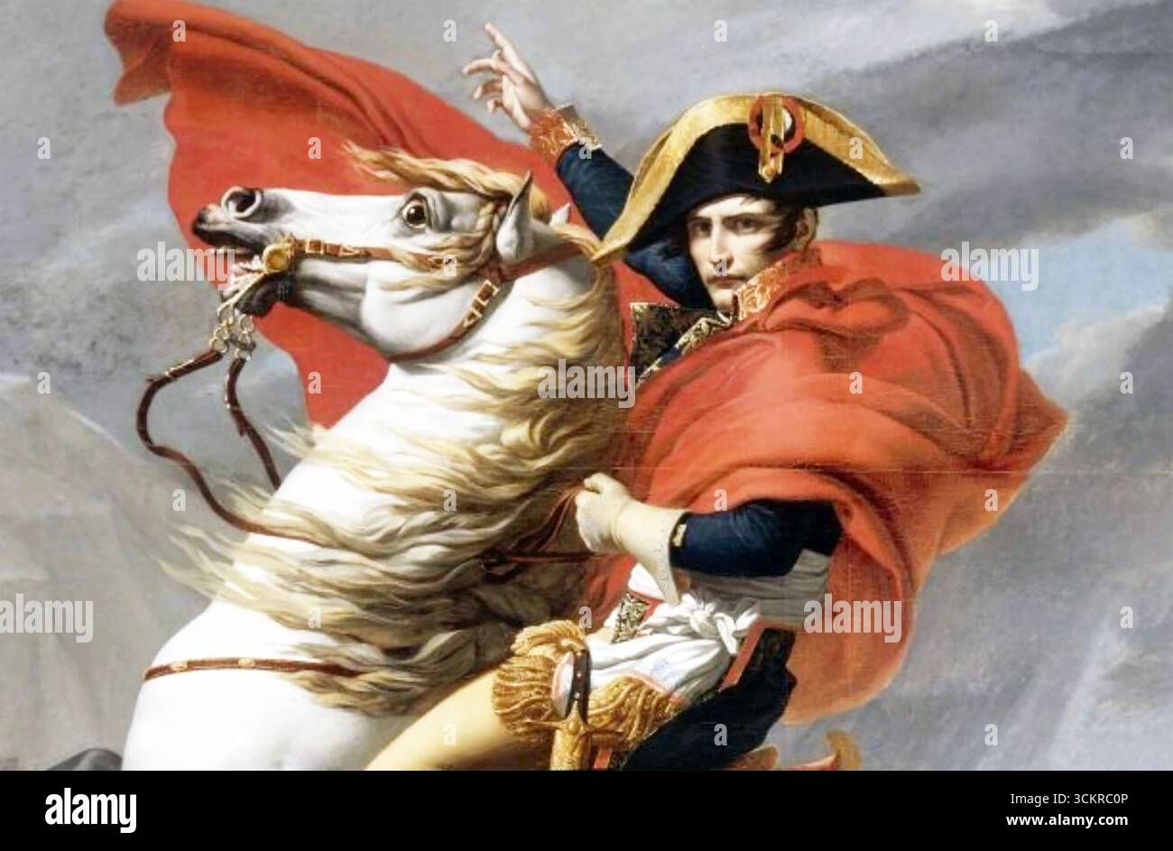 NAPOLEON BONAPARTE (1769–1821) französischer General und Staatsmann in einem Detail von Jacques-Louis Davids Gemälde von 1805 über die Alpen Stockfoto