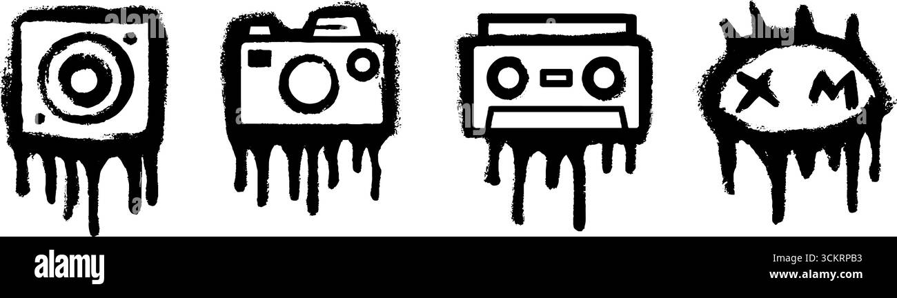 Retro-Musik- und Fotosymbole mit tropfender Farbe für kreative Designs. Stock Vektor