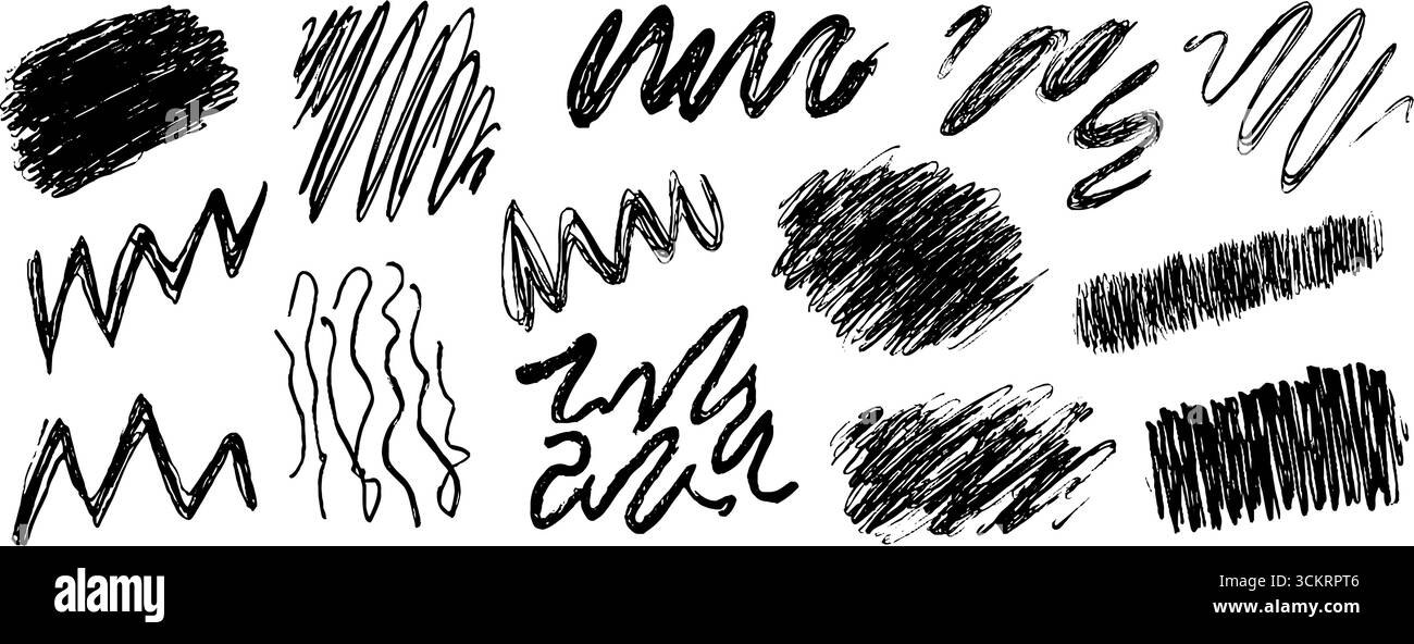 Sammlung von zwölf dynamischen handgezeichneten abstrakten Randzonen für künstlerisches Design. Stock Vektor