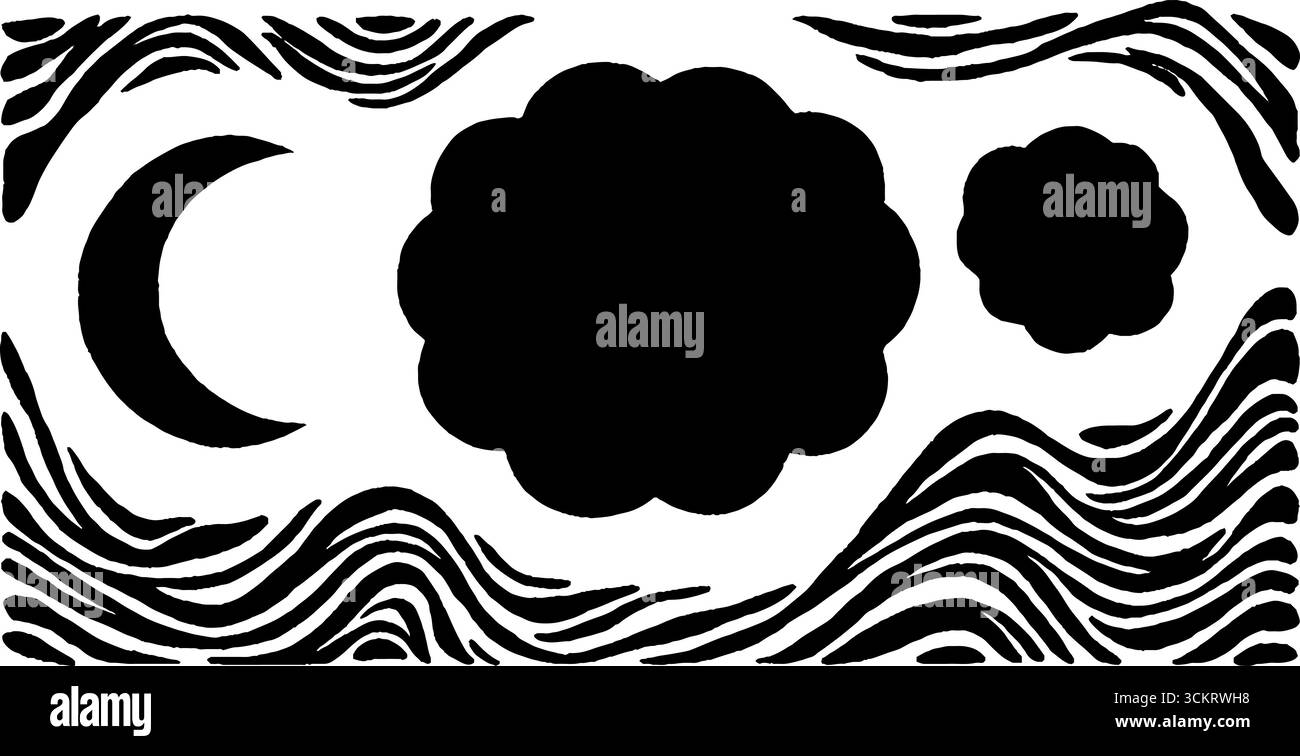 Minimalistische Traumlandschaft mit Mond, Uhr und Gedankenblase. Stock Vektor