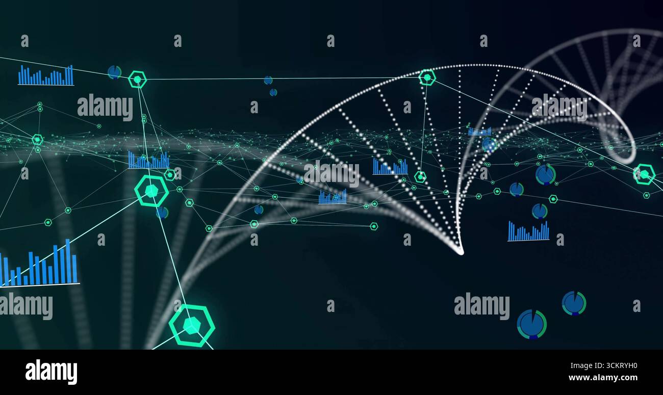 Durchlaufender, weiß gepunkteter Datenflussbogen durch das Netzwerk mit leuchtenden Knoten, blauen Linien und Diagrammen Stockfoto
