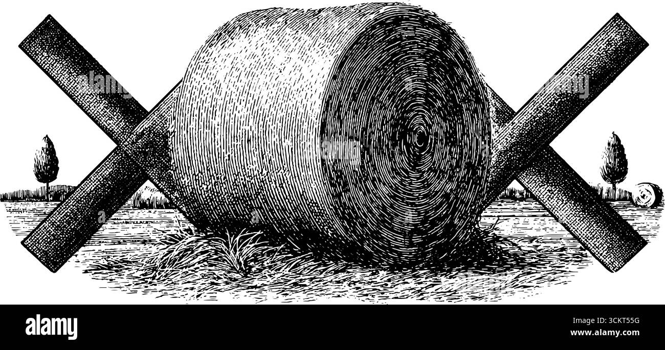 Vintage-Gravur von Heuballen und Heugabel in rustikaler Landschaft. Stock Vektor