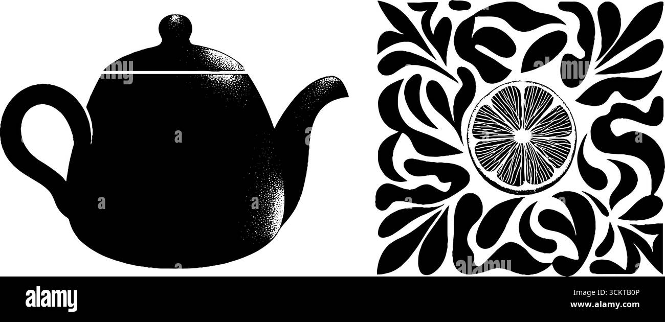 Morgendliches Teeritual mit Teekanne und Zitronenkeil in künstlerischem Design. Stock Vektor