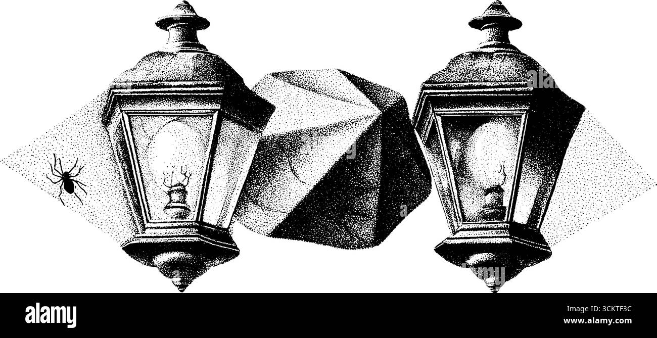 Tätowierungsdesign mit Spinnen-, Netz- und Laternen-Motiv. Stock Vektor