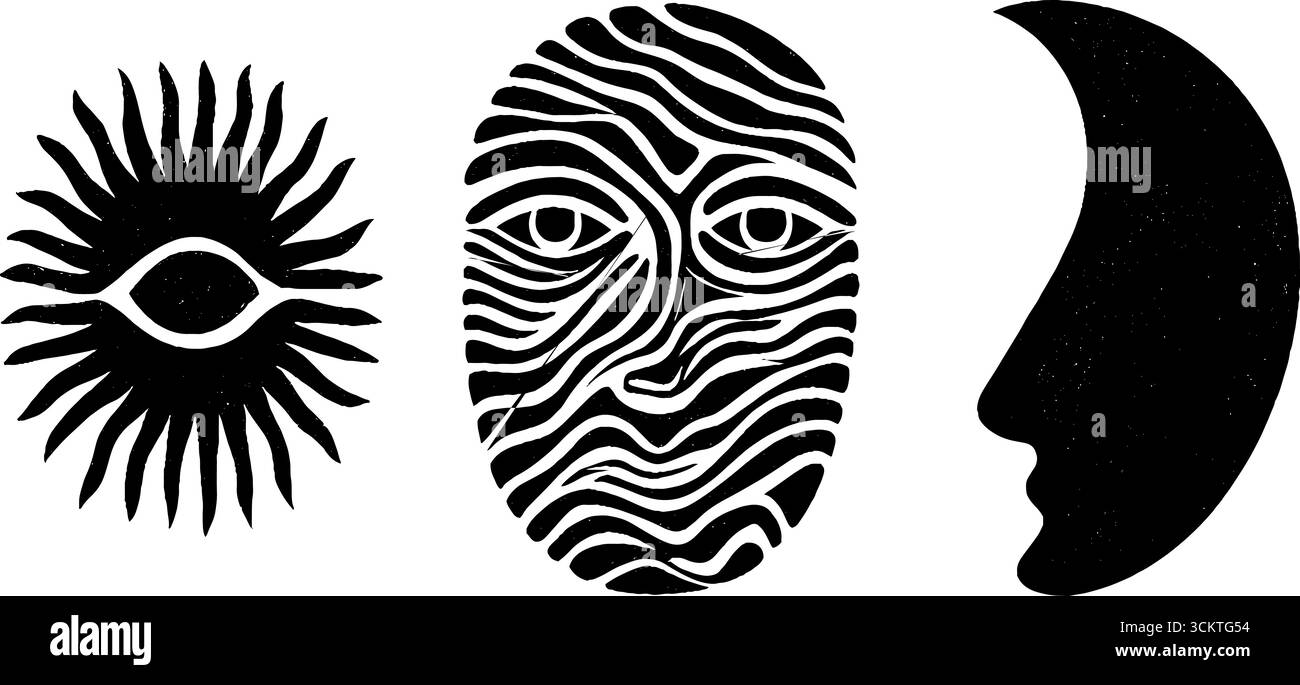 Minimalistisches Schwarz-weiß-Design mit Symbolen für Uhr, Mond und Denkblase. Stock Vektor