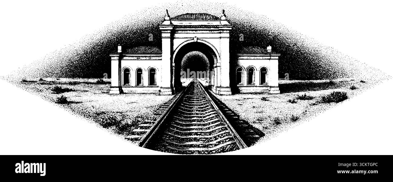 Design von Zug- und Bahnhöfen im Tattoostil für künstlerische Inspiration. Stock Vektor