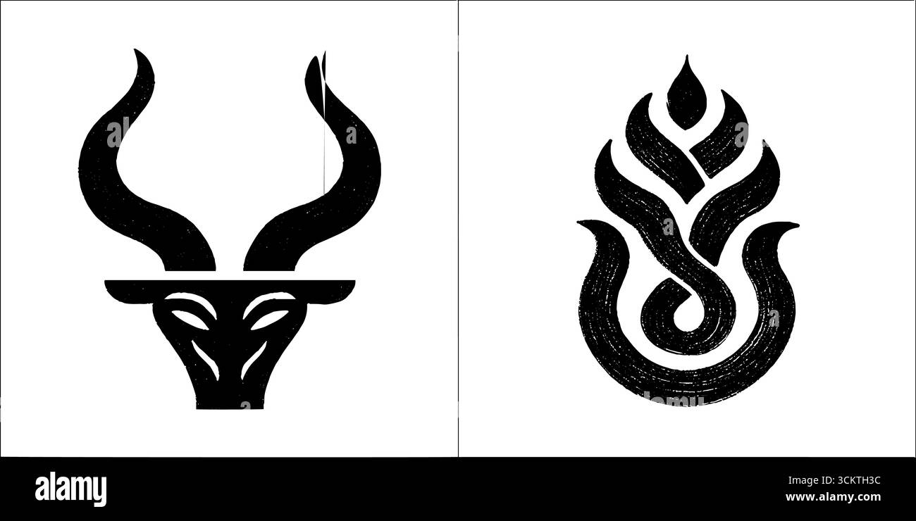 Geheimnisvolle Symbole: Teufelshorn und brennende Flammen für kreative Zwecke. Stock Vektor