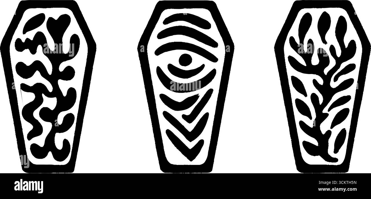 Abstrakte Sargformen mit Weinreben- und Augenmotiven für halloween-Design. Stock Vektor