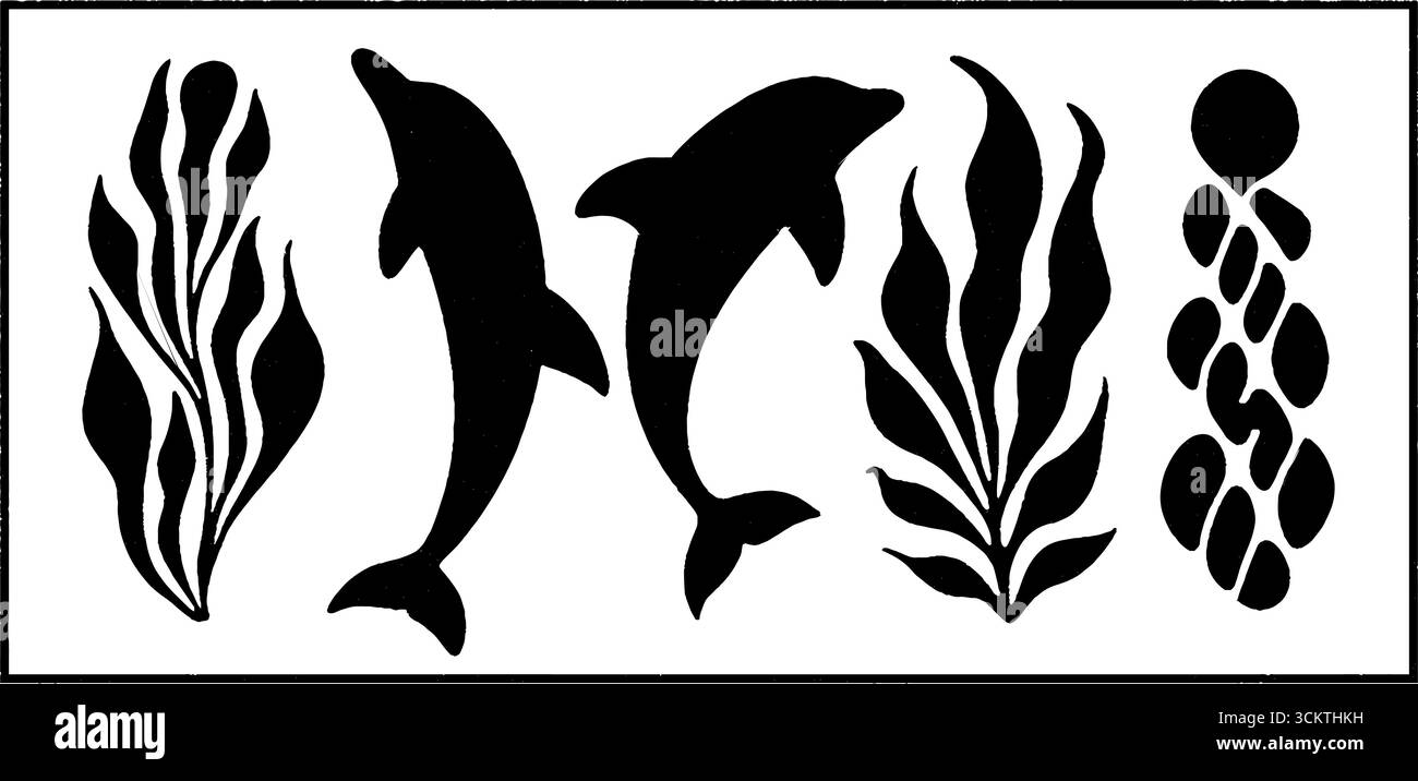 Wasserthemen: delfinbögen, Seifenschnüre und Seetangknoten für kreative Meeresdesigns. Stock Vektor