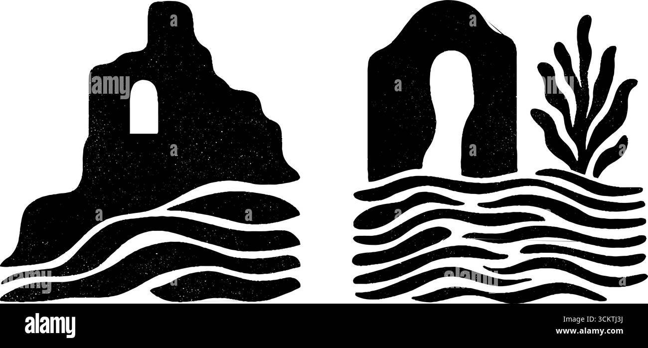 Wüstenruinen und zerrissene Mauer mit Sandkräuseln als abstraktes minimalistisches Design. Stock Vektor