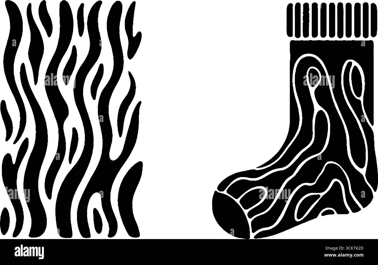 Gemütliche Winterelemente: Kaminmuster und Wollsocken mit Kiefernholzmuster. Stock Vektor