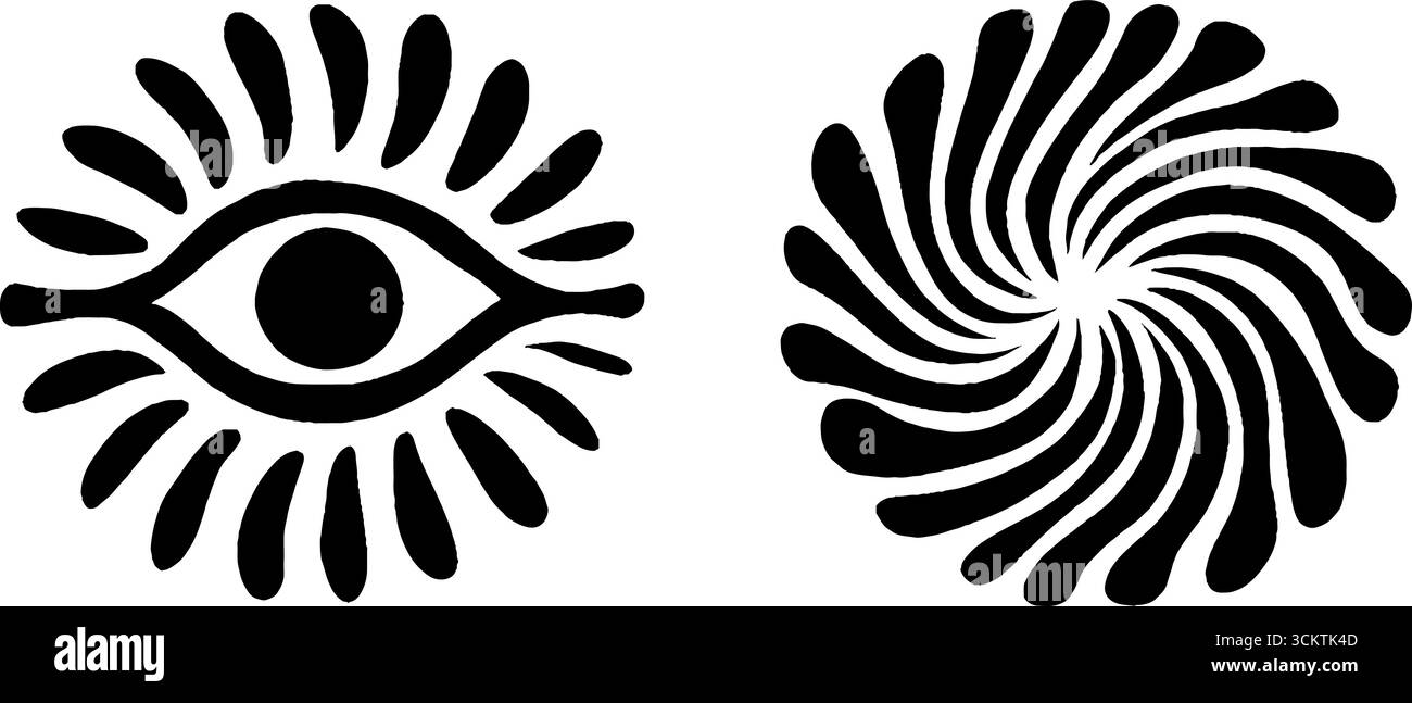 Minimalistisches Augen- und Spiralgalaxie-Design in Schwarz-weiß für moderne Kunst. Stock Vektor