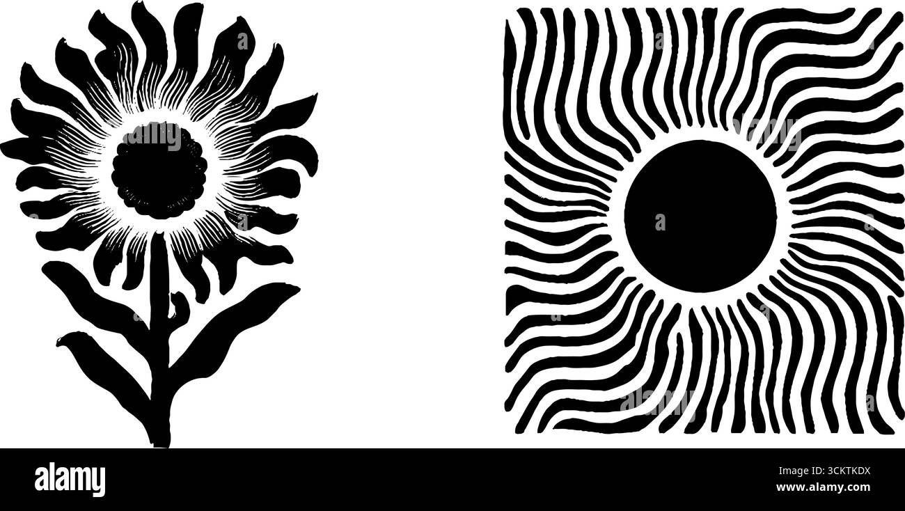 Minimalistisches schwarzes Blumen- und Sonnendesign für kreative Projekte. Stock Vektor