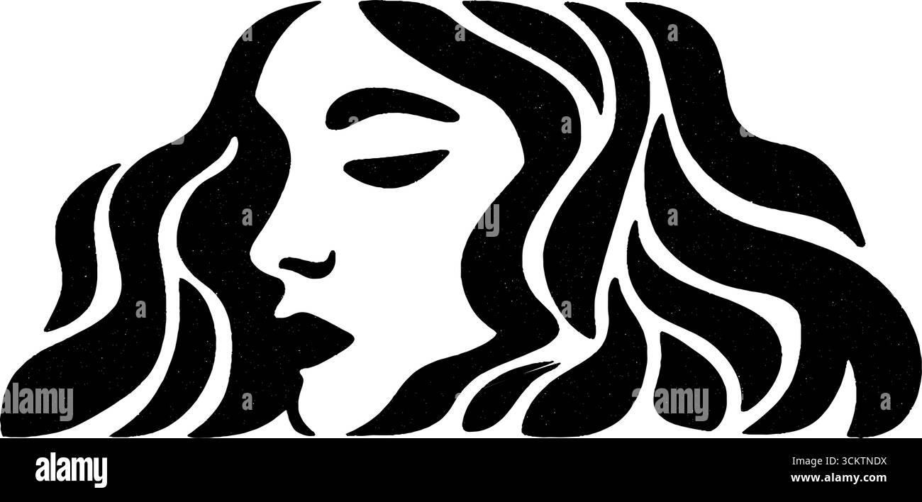 Minimalistisches weibliches Profil mit fließender Haarlinie. Stock Vektor