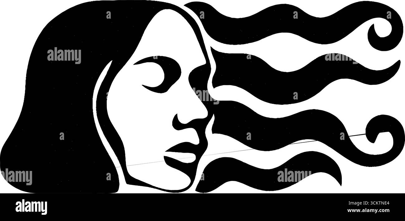 Minimalistisches Profil eines weiblichen Gesichts mit fließender Haargestaltung für moderne Kunstprojekte. Stock Vektor
