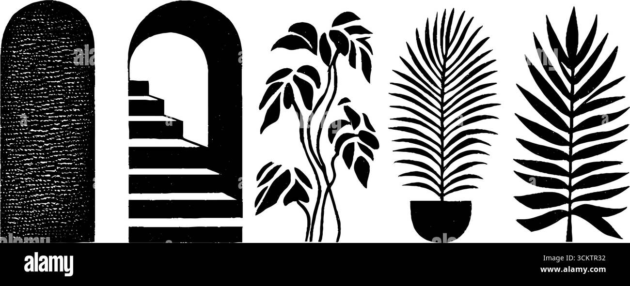 Fassade aus der Mitte des Jahrhunderts mit Treppe und Palmenelementen für elegantes Design. Stock Vektor