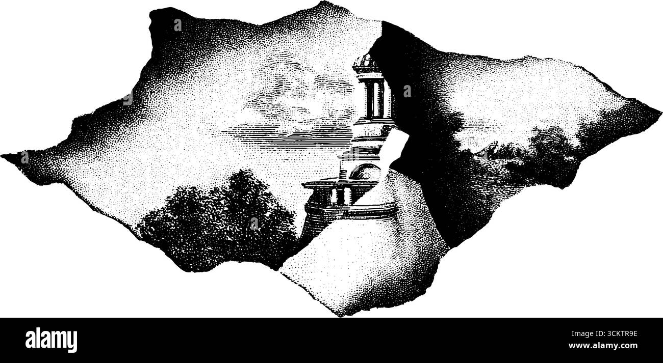 Vintage-Gravur mit abgebrochener Farbe mit architektonischen Elementen und Bäumen. Stock Vektor