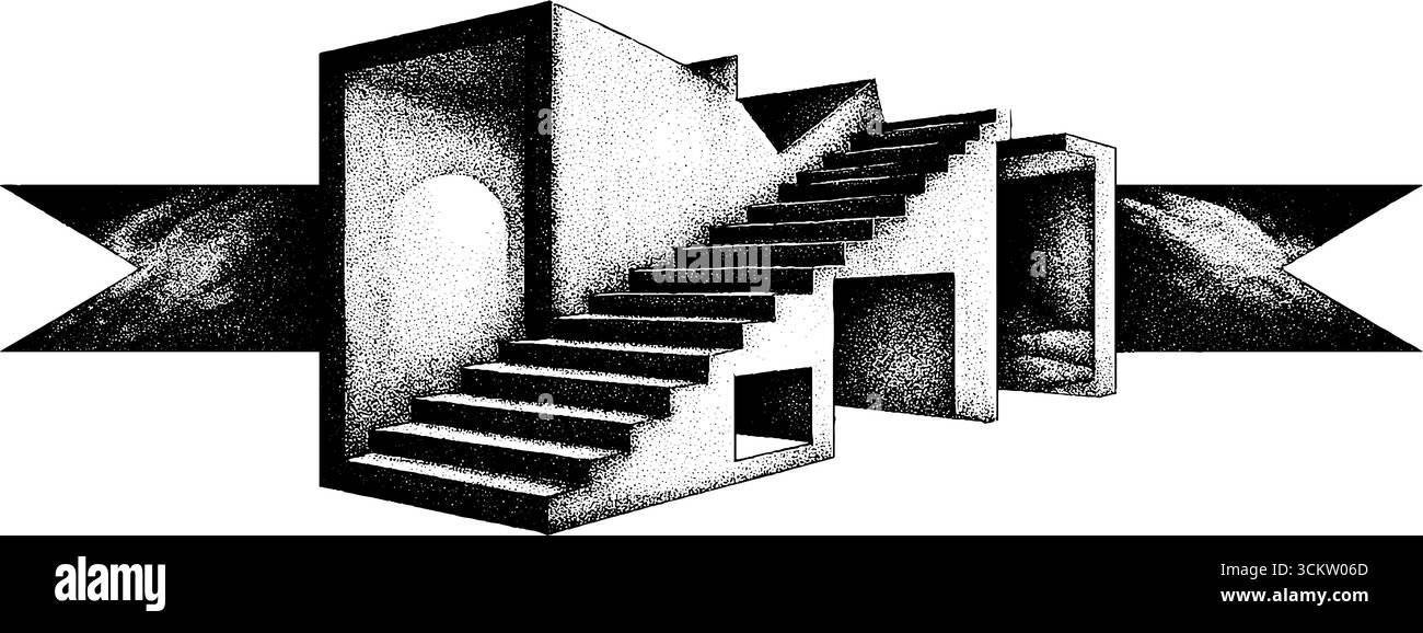 Abstrakte Treppentäuschung mit angewinkeltem Linienbalken in isometrischer Gestaltung. Stock Vektor