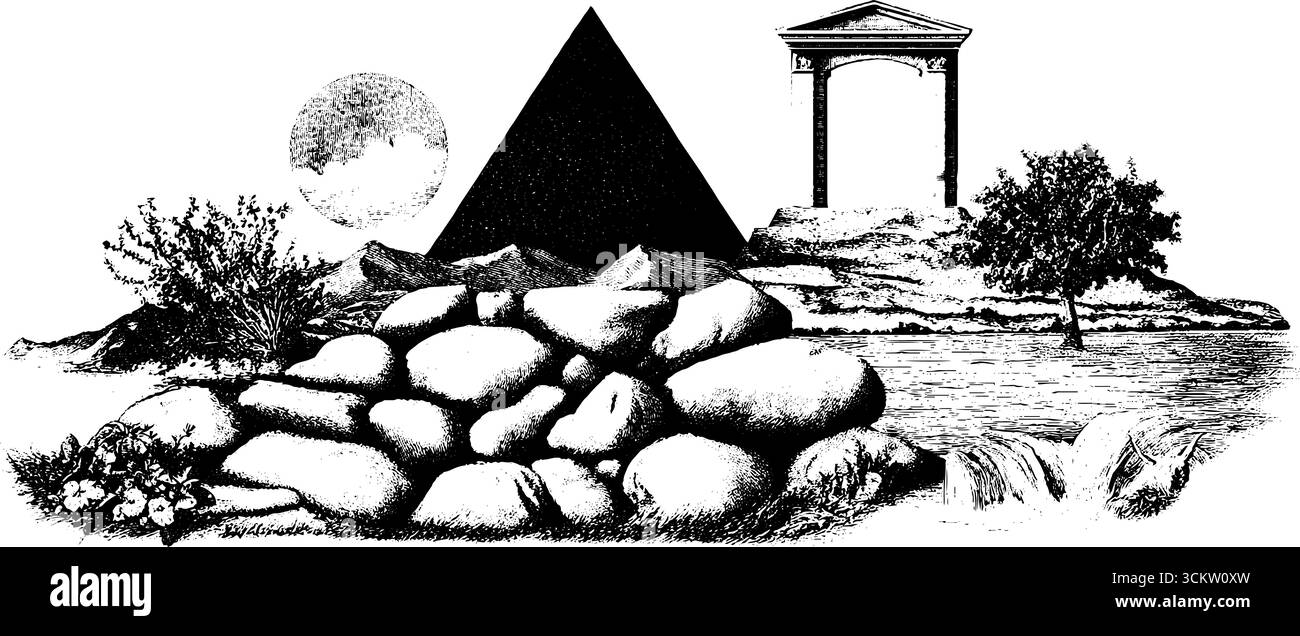 Kulturelle Elemente der Anden mit Textilmustern, uralter Architektur und Naturlandschaften. Stock Vektor