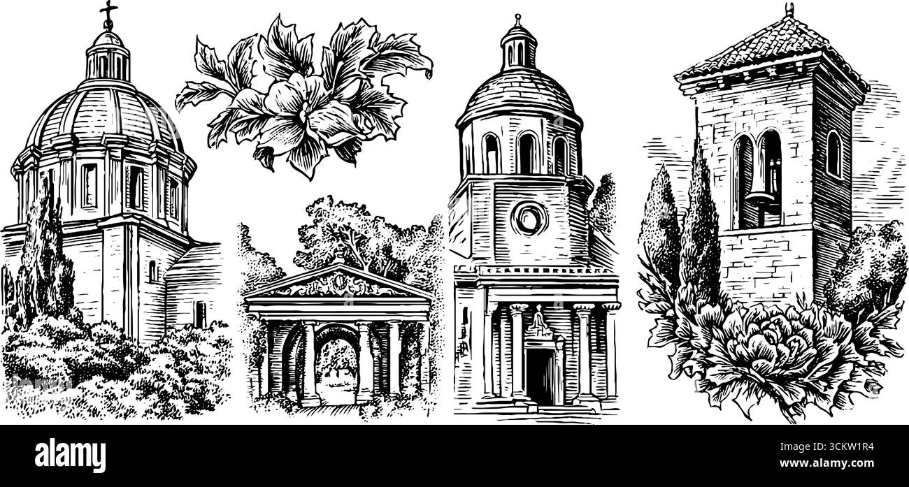 Art déco und byzantinische Architektur mit Blumenelementen für dekorative Zwecke. Stock Vektor