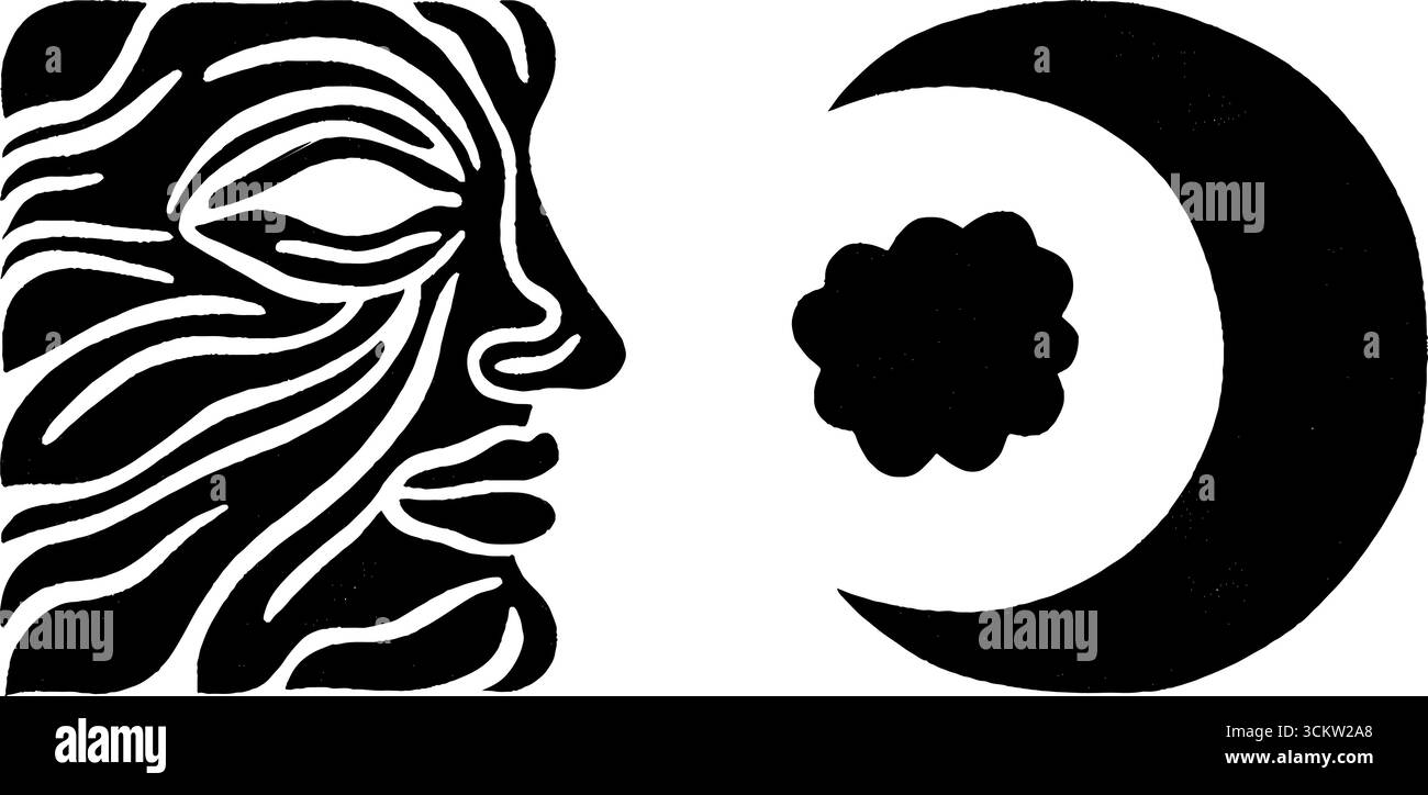 Minimalistisches abstraktes Design mit Uhr, Mond und Denkblase. Stock Vektor