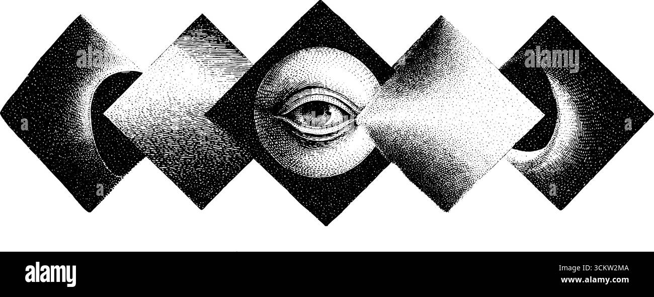 Surreale Augen und geometrische Formen im Vintage-Gravurstil für künstlerisches Design. Stock Vektor