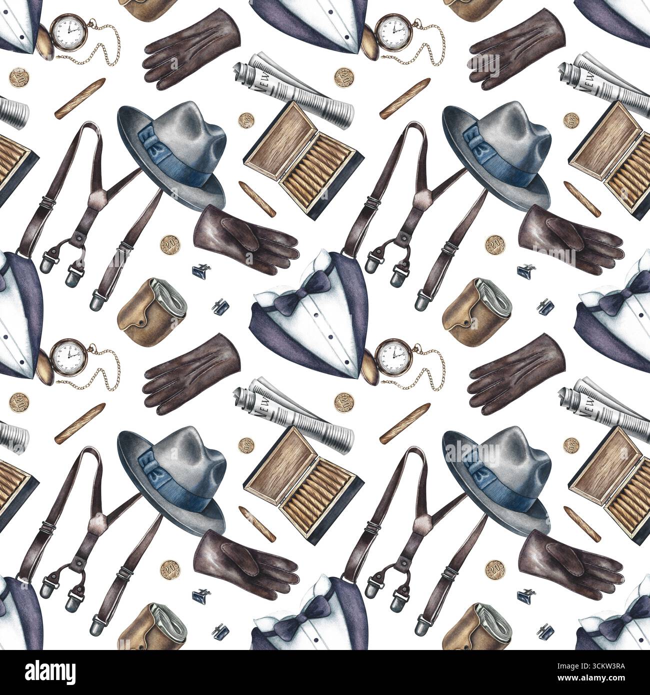 Nahtloses Herrenmuster mit Herrenaccessoires. Handgezeichnete Aquarellillustration. Perfekt für Textilien, Geschenkpapier, Verpackungen, Urlaubsdekor Stockfoto